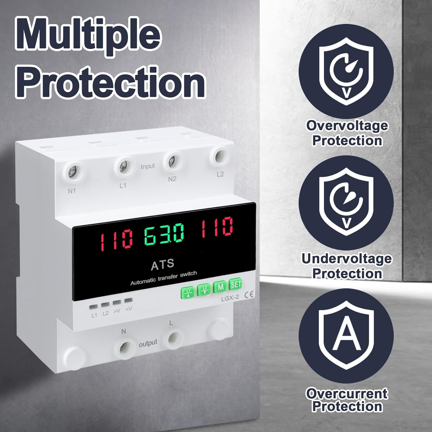 MARSTEK Automatic Transfer Switch with Overvoltage, Undervoltage, and Overcurrent Protection icons