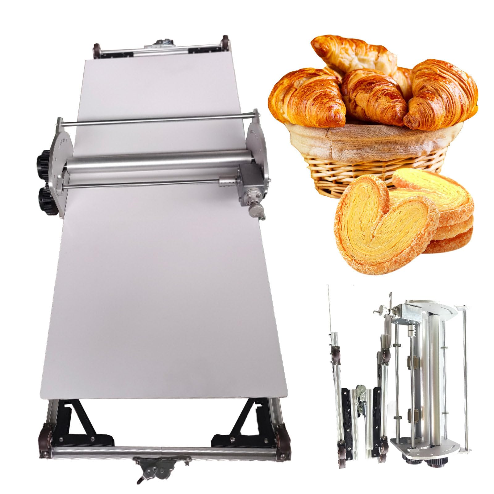 Sfogliatrice Elettrica Per Pasta, Sfogliatrice Pieghevole Per Panetteria/Pizza/Croissant/Pasta Fondente, Acciaio Inossidabile+Spessore Regolabile 2-30 Mm+Impasto Reversibile,40×17.7in Tavola