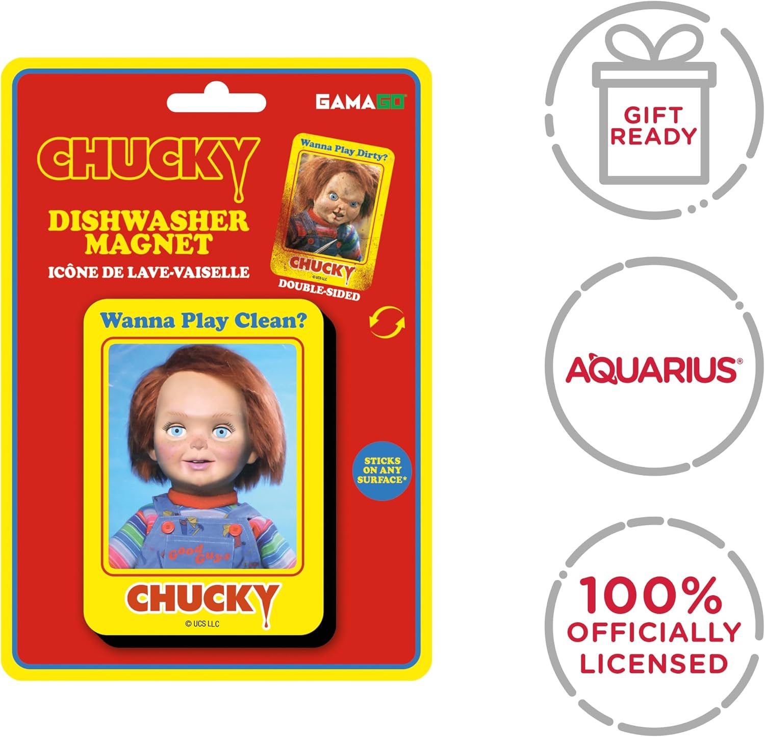 GAMAGO Chucky Clean Dirty Double Sided Kitchen Dishwasher Magnet - with Adhesive Magnetic Plate for Non-Magnetic Surfaces - Officially Licensed Collectible - 2.75 x 3.75 in