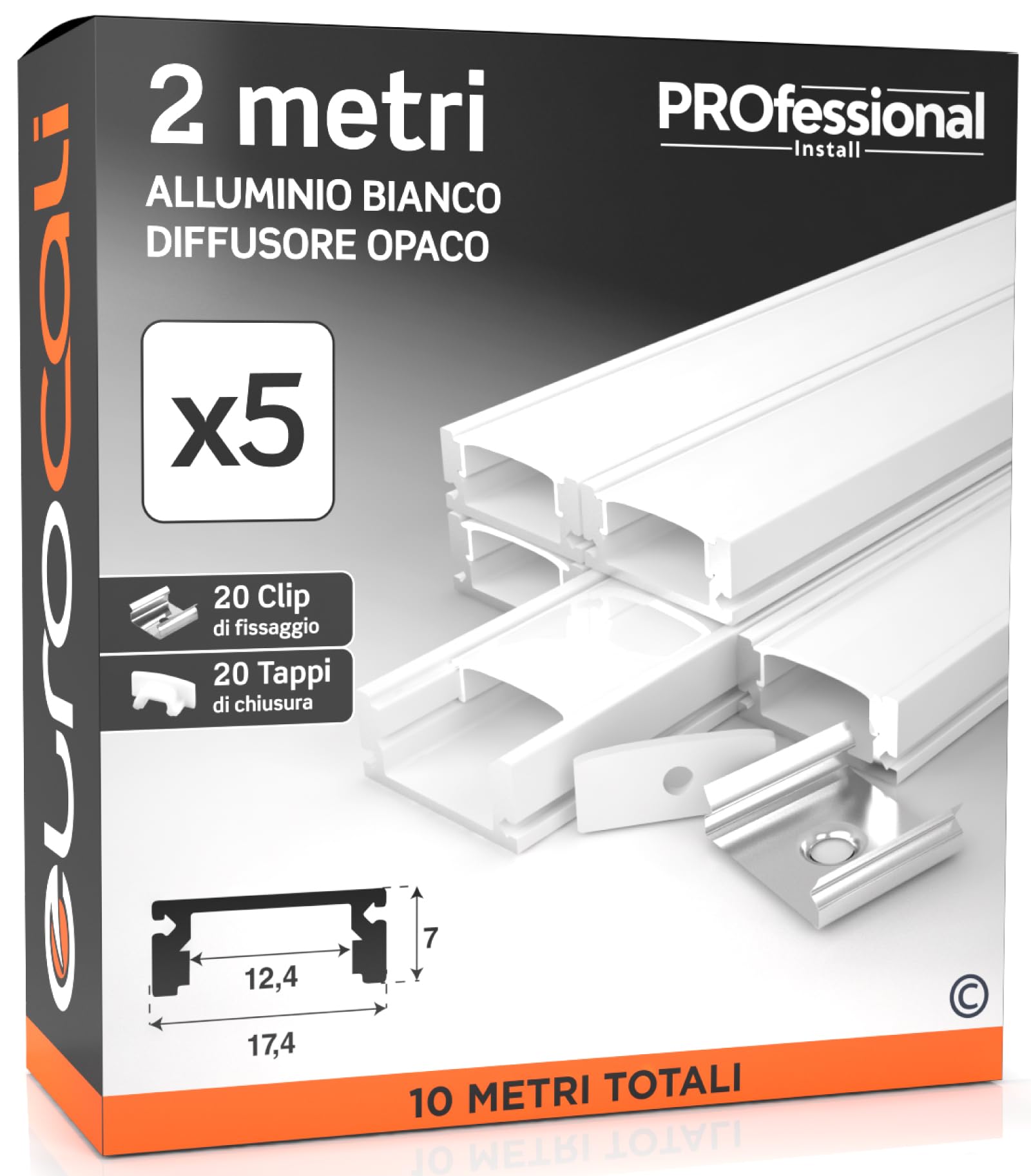 5x Profili da 2 metri in Alluminio Bianco per Strisce LED (10mt) | Copertura Opaca larghezza max striscia led 12.4mm - 17.4 x 7
