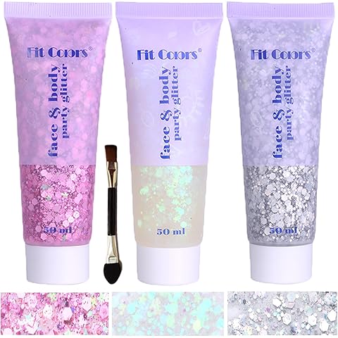 Body Glitter Face Glitter Gel: Singer Concerts Disco Festival Rave Accessories Face Glitter Makeup 150ml Chunky Sequins Mermaid Face Body Hair Glitter Gel (White&Silver&Pink)