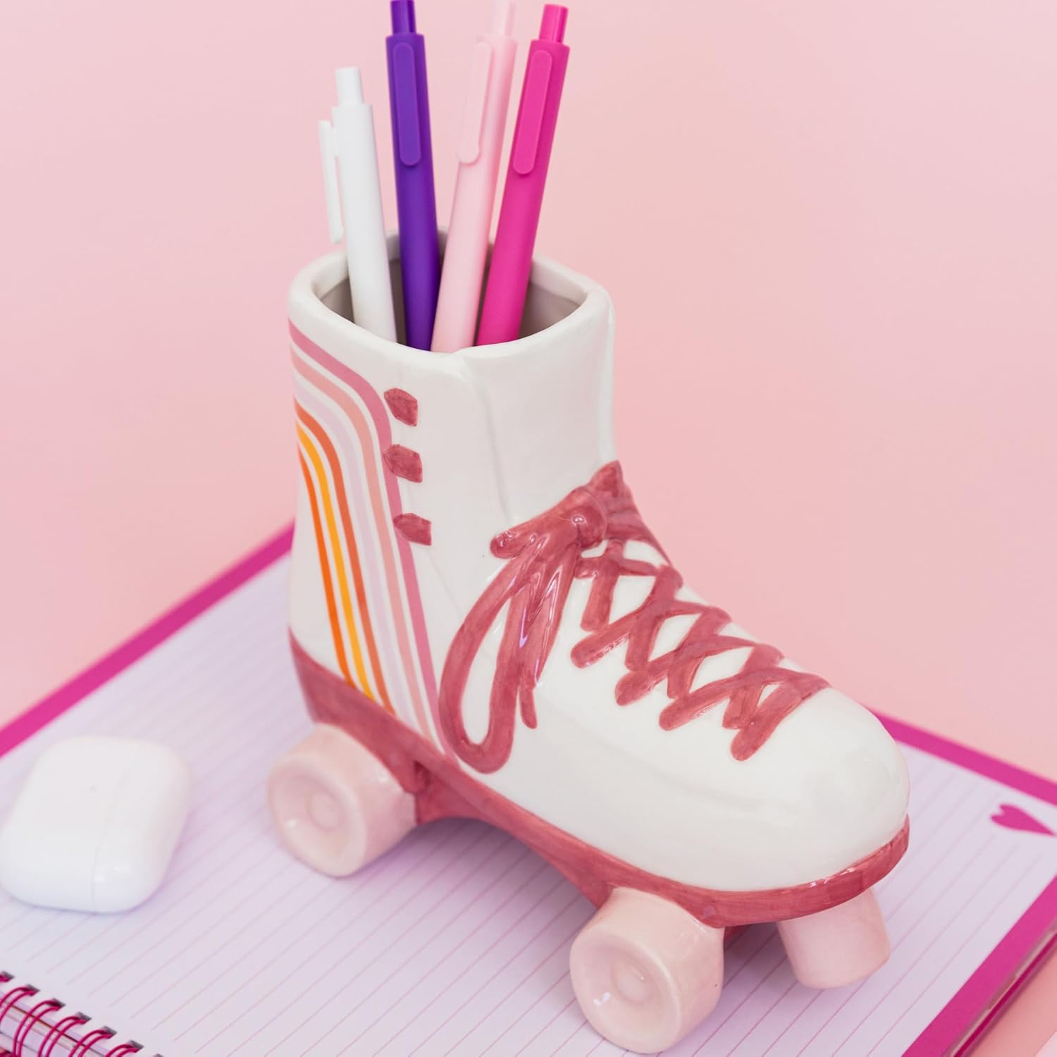 Steel Mill & Co Ceramic Roller Skate Vase, Cute Retro Flower Vase and Office Supplies, Pen and Pencil Holder, Vintage Decor for Home or Office, Small Round Container and Desk Organizer