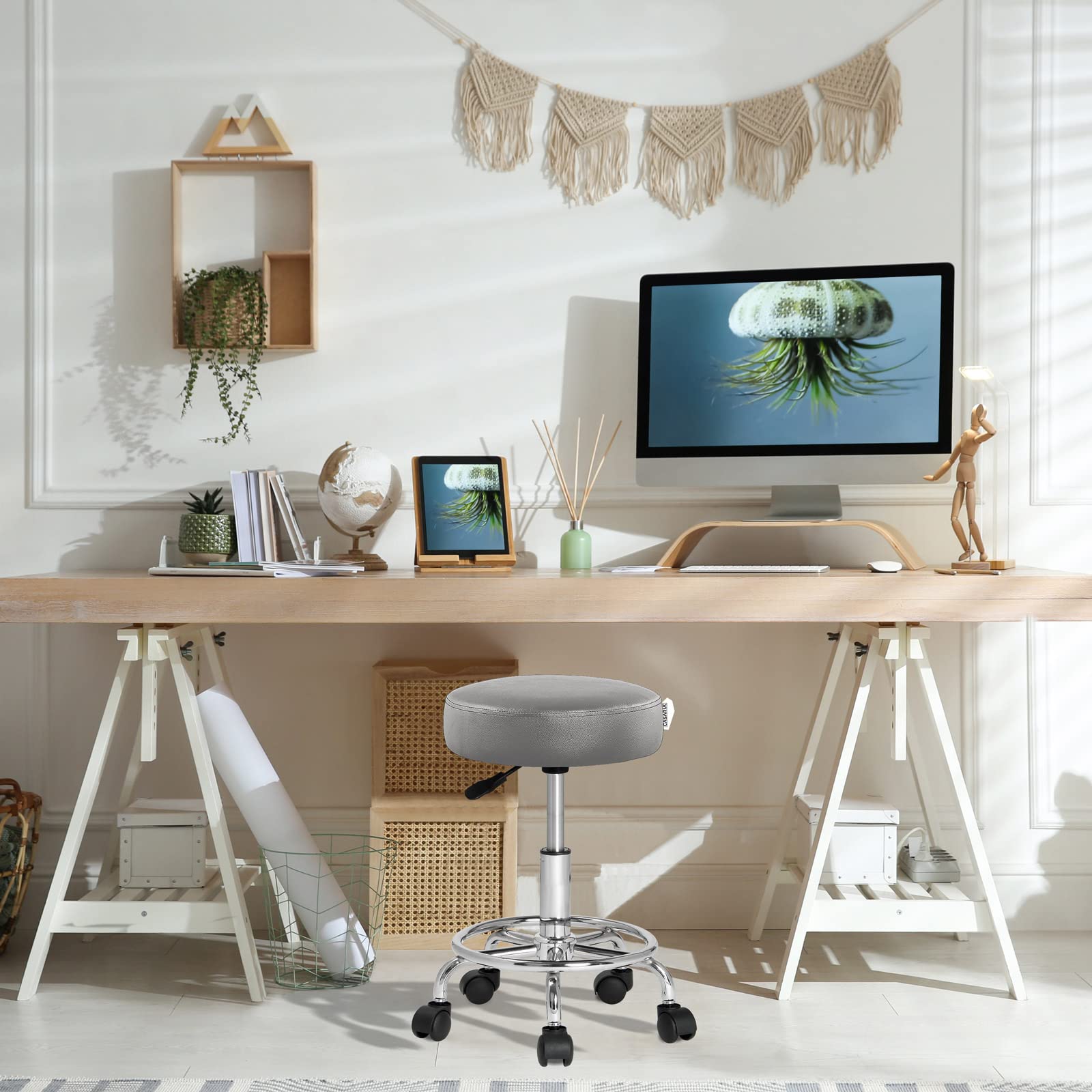 Casaria Tabouret à roulettes réglable en Hauteur 51-65 cm Rembourrage 10 cm pivotable 360° Repose-Pieds Tabouret de Bureau Gris