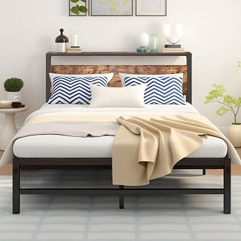 Bed 120 x 200 cm with Metal Slatted Frame Metal Bed 120 x 200 cm with Wooden Headboard Storage Space Youth Bed Frame Sturdy Easy to Assemble Modern Brown
