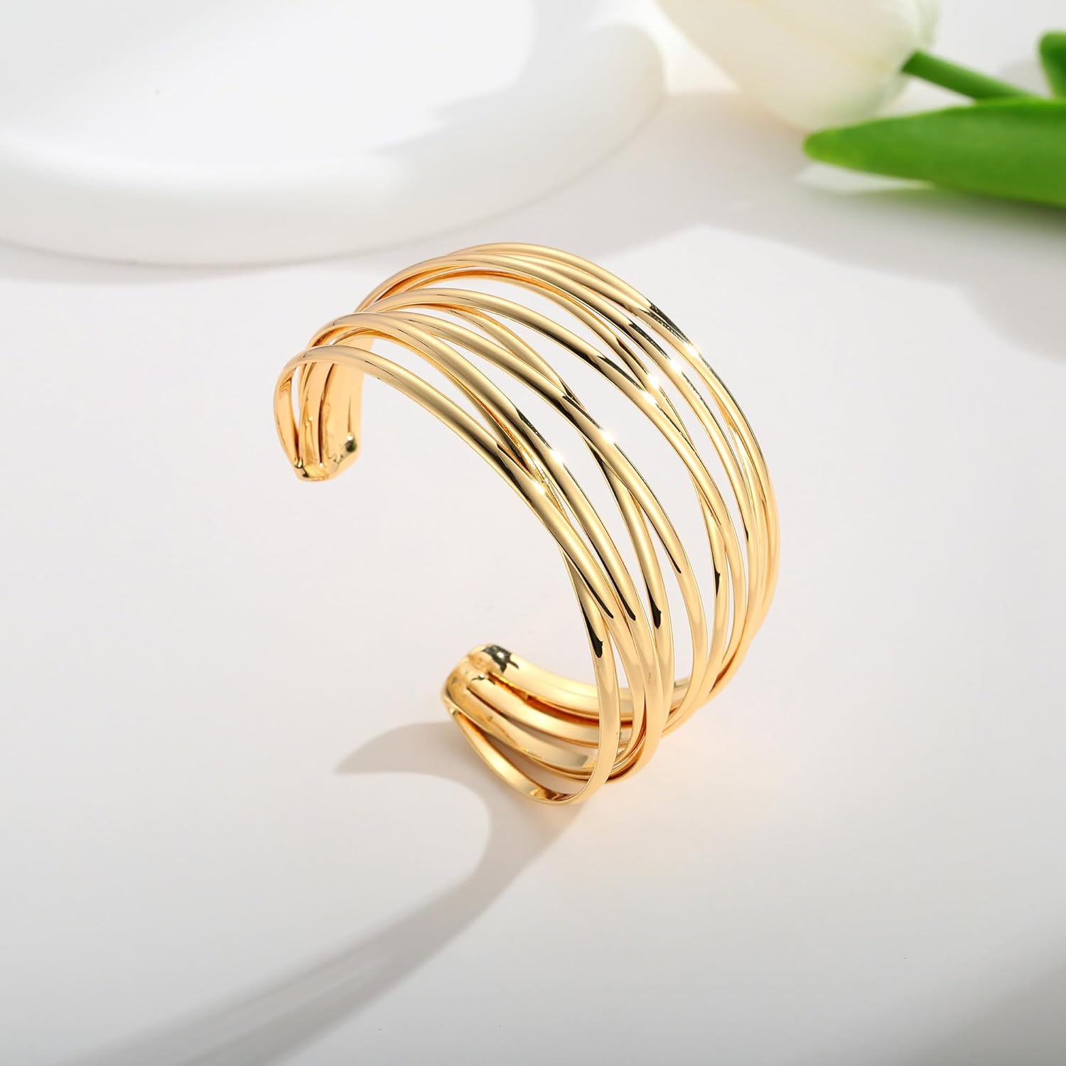 Gold Cuff Bracelet for Women Chunky Multi-layer Cross Wire Open Bracelet Hollow Wide Cuff Bracelets Adjustable Gold Open Cuff Bangle Bracelet - Image 5