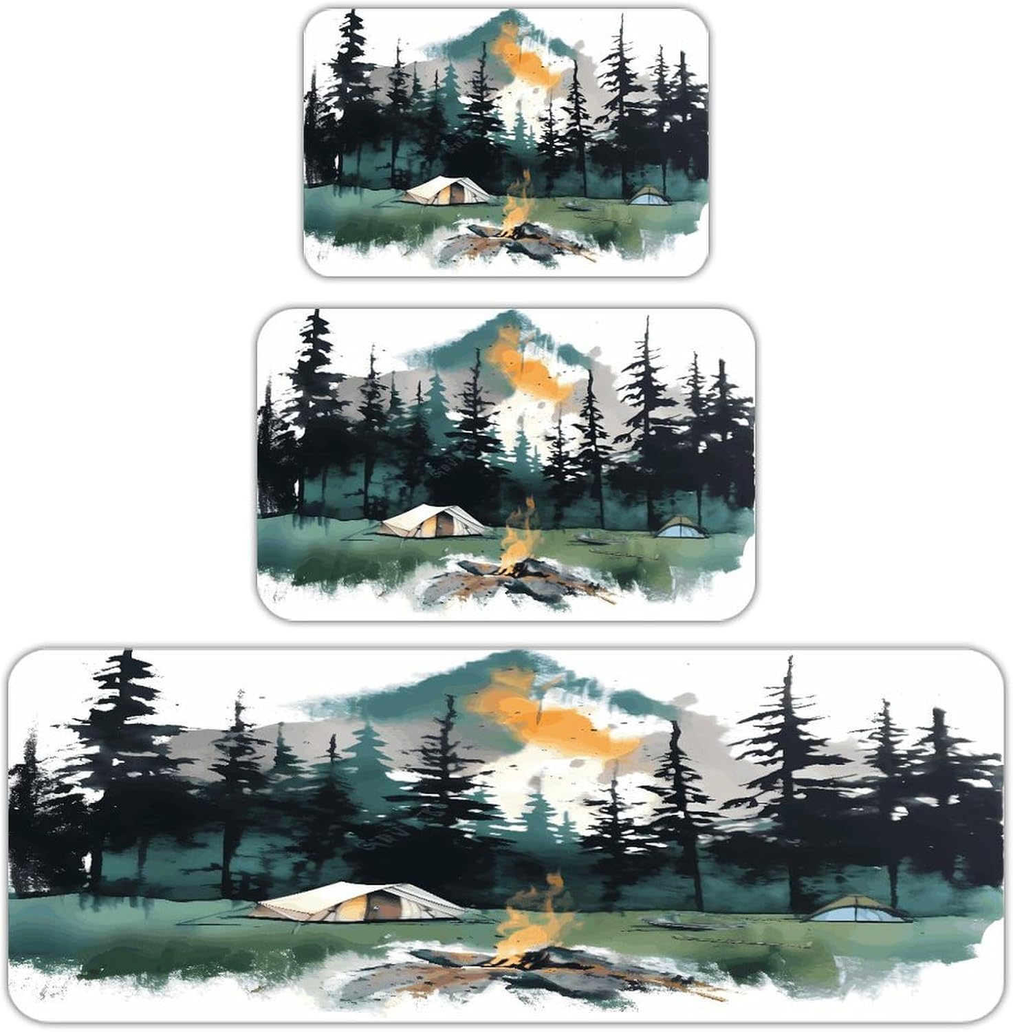 Wilderness Nature Camping Kitchen Rugs Sets of 3 Washable Non Slip Kitchen Rug Water Resistant Carpet Piece Anti Fatigue Kitchen Mats Soft Comfort Standing Mat Modern Area Rug