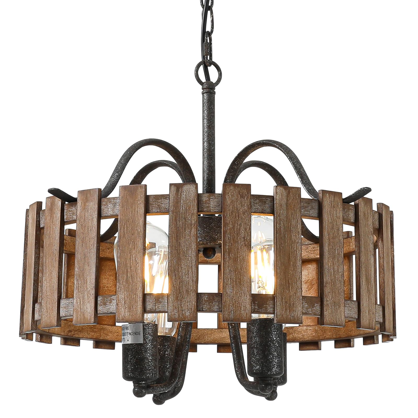4-Light Farmhouse Wood Chandelier Light Fixture, 16.5'' Rustic Industrial Drum Hanging Pendant Lighting for Kitchen Island Dining Room Entryway