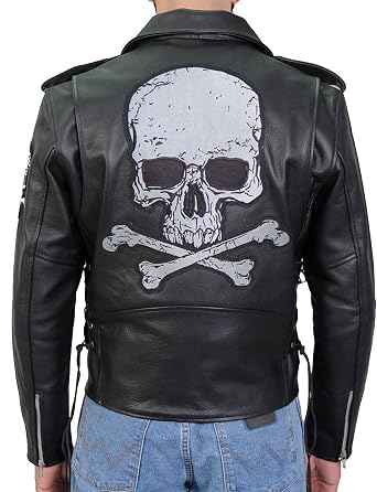 Hot Leathers JKM2001 Mens Black Skull And Crossbones Motorcycle Leather Jacket