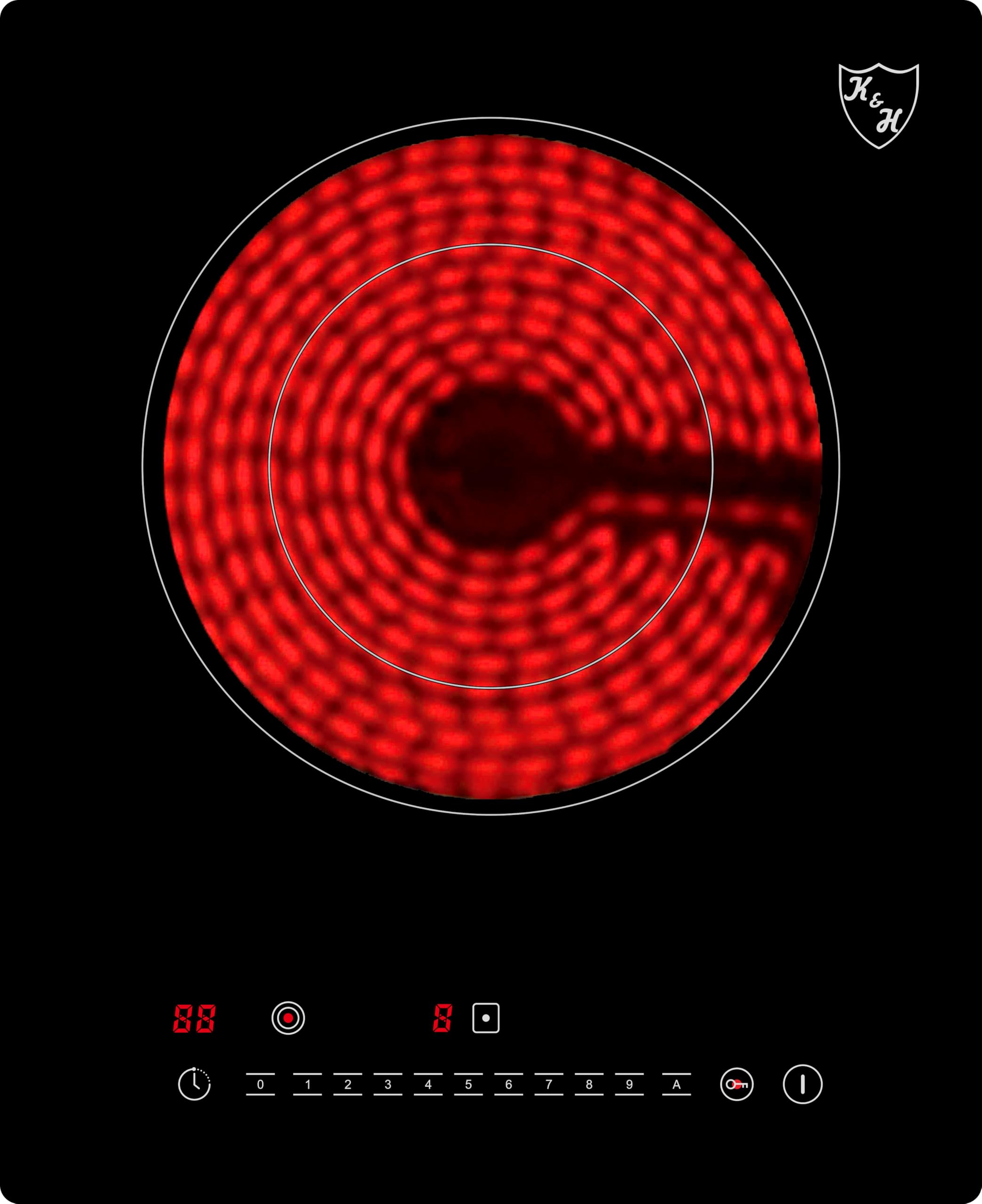 K&H Glaskeramikkochfeld [1 ZONE] - Kochplatte 1er Autark - Herdplatte 1 Kochfeld Doppelbrenner - NCS-2202 -Einzelkochplatte Einbaufähig & Freistehend nutzbar - 31CM - 2200 Watt - 9 Leistungsstufen