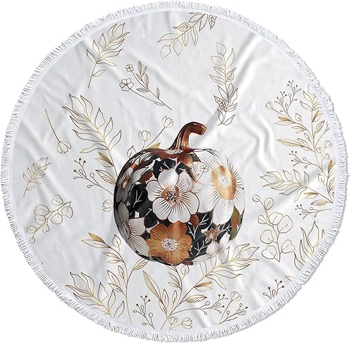 Toalla de playa redonda para el día de Acción de Gracias, línea dorada, ramas, calabazas, manta de playa de microfibra, toallas suaves, absorbente