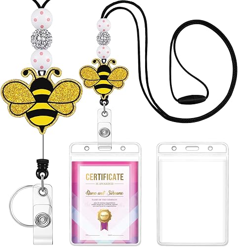 Plifal Cordones para profesores para tarjetas de identificación, carrete retráctil, llavero de tarjetas con cuentas de abeja amarilla para mujeres,