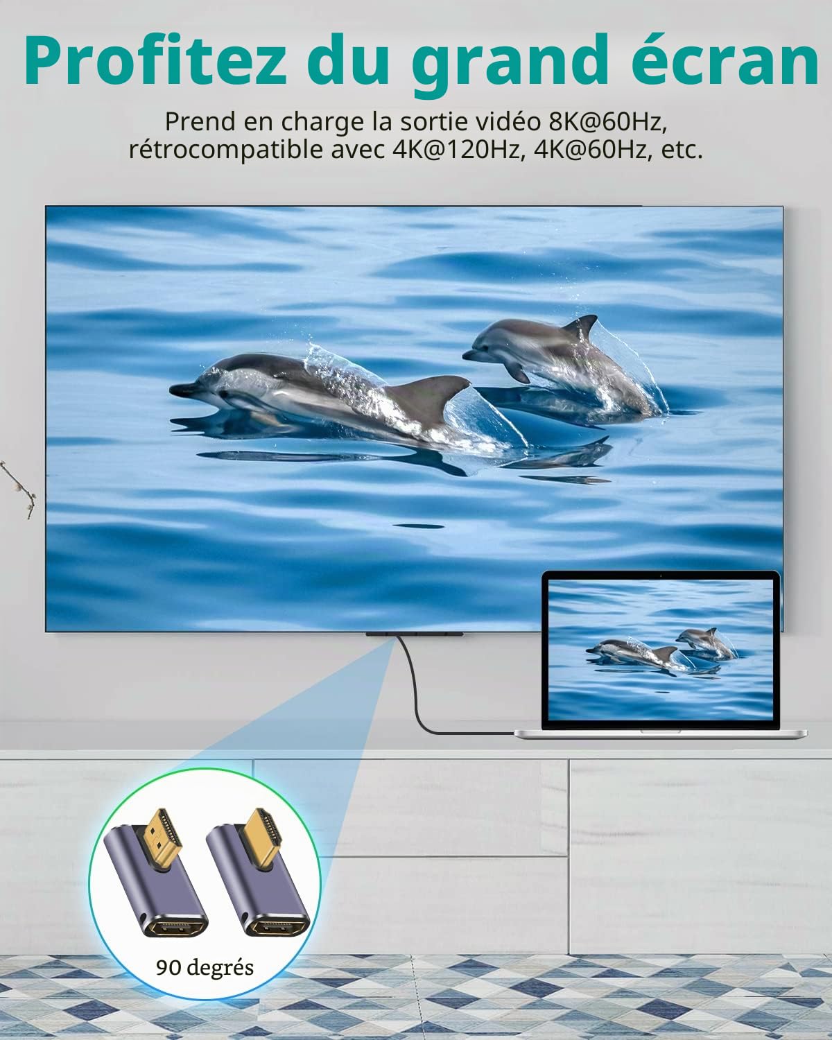 Duttek 8K 90 degrés HDMI coudé Adaptateur,48Gbps Adaptateur HDMI à Angle Gauche et Droit mâle vers Femelle d'extension UHD 2.1 avec 8K@60Hz,pour téléviseurs HDT,PC,Ordinateur Portable (2 emballages)