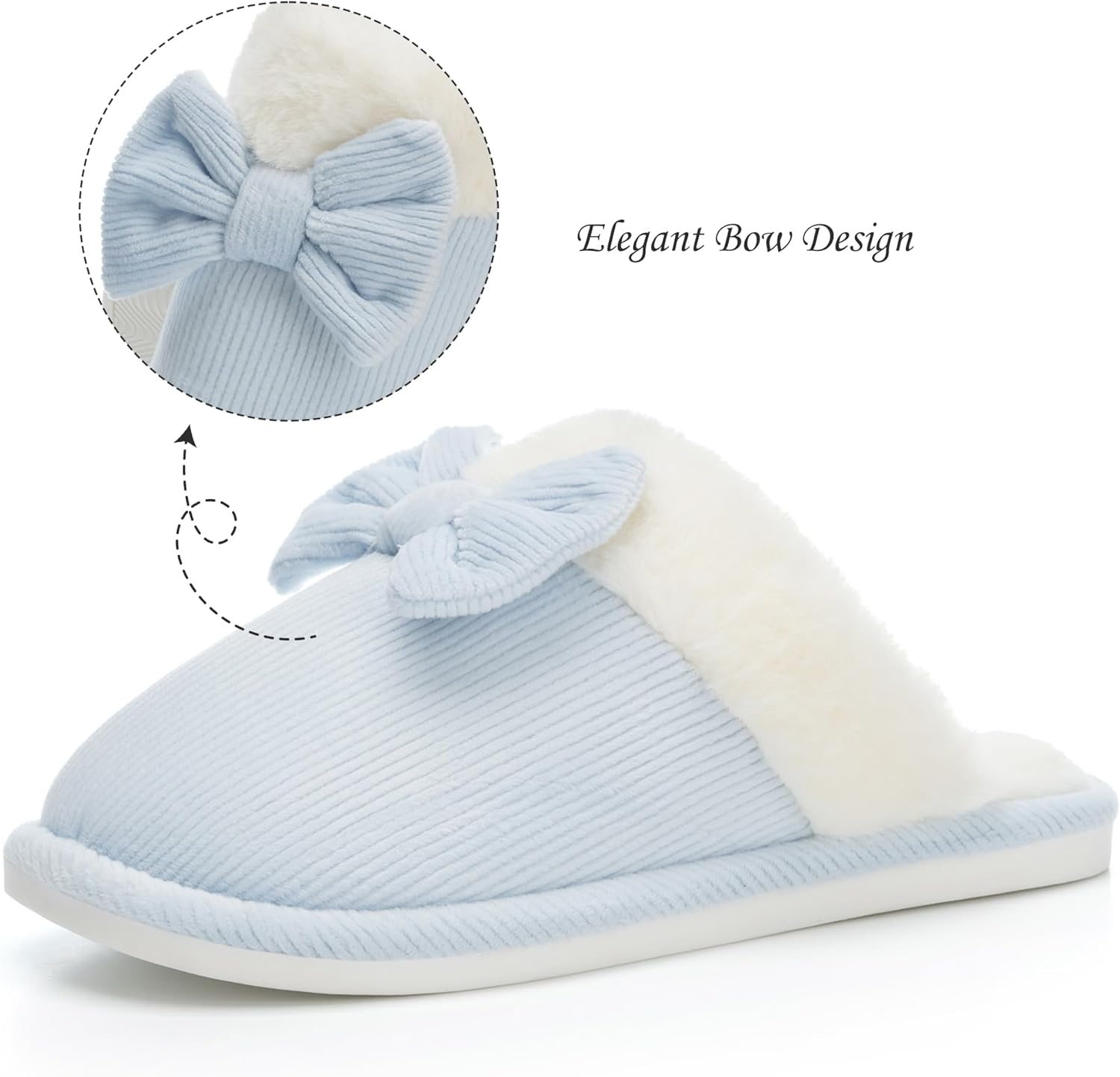 NineCiFun Womens Bow Scuff Slippers Corduroy Plush Faux Fur Lining Memory Foam Non Slip Indoor Outdoor House Shoes - Image 5