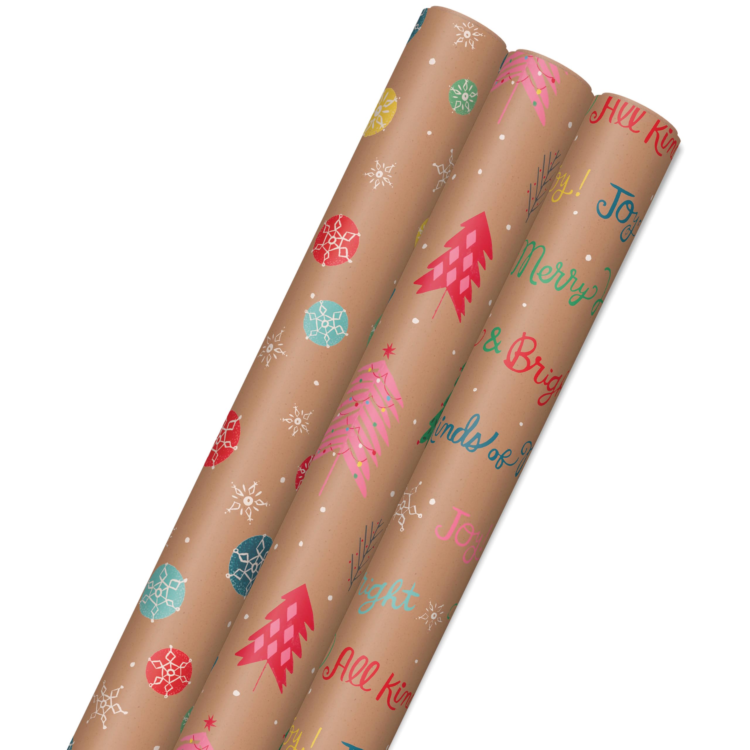 Hallmark Papel de regalo de Navidad reciclable colorido con líneas de corte en el reverso (3 rollos: 90 pies cuadrados) Kraft marrón con copos de nieve, árboles rosados, todo tipo de felicidad"