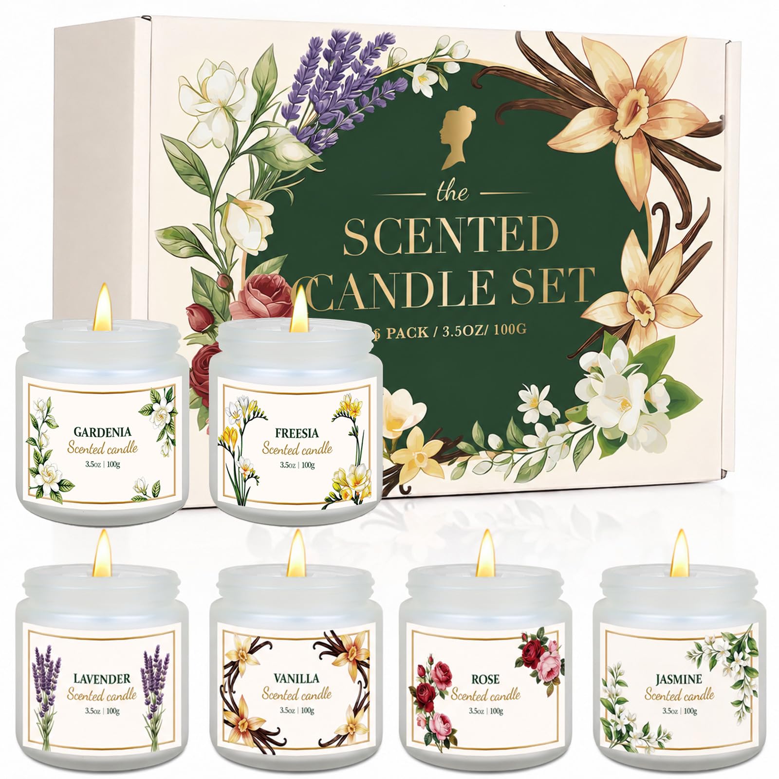 6er-Pack Duftkerzen für Frauen – Lavendel, Vanille, Gardenie, Rose, Jasmin, Freesie (blumige Düfte), 21 oz Kerzen aus natürlichem Sojawachs zur Entspannung und als Geburtstagsgeschenk für Frauen
