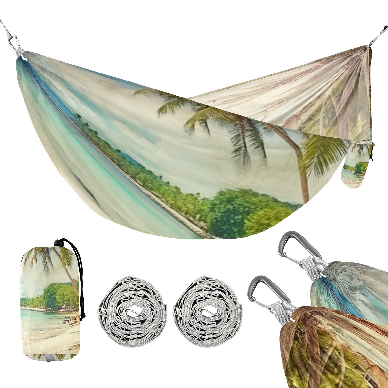 Haskirky Vintage Palm Tree Camping Hammock, Single Portable Hammocks with Tree Straps & Attached Carry Bag, 330Lbs Capacity Perfect for Outside Indoor Hiking Beach Backpack Travel