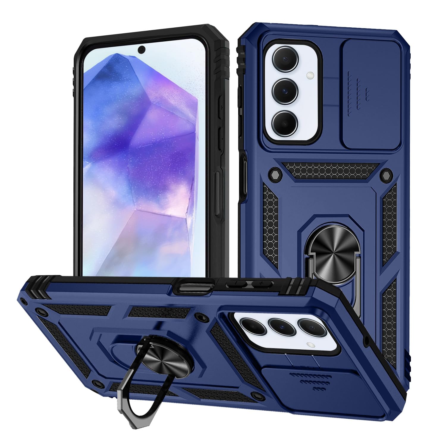 T Tersely for Samsung Galaxy A55 5G Case - Shockproof Cases - Anti-Fall Drop Protection - Built-in Slide Anti-Scratch Camera Lens Cover - Integrated 360 Degree Rotating Ring Kickstand (Blue)