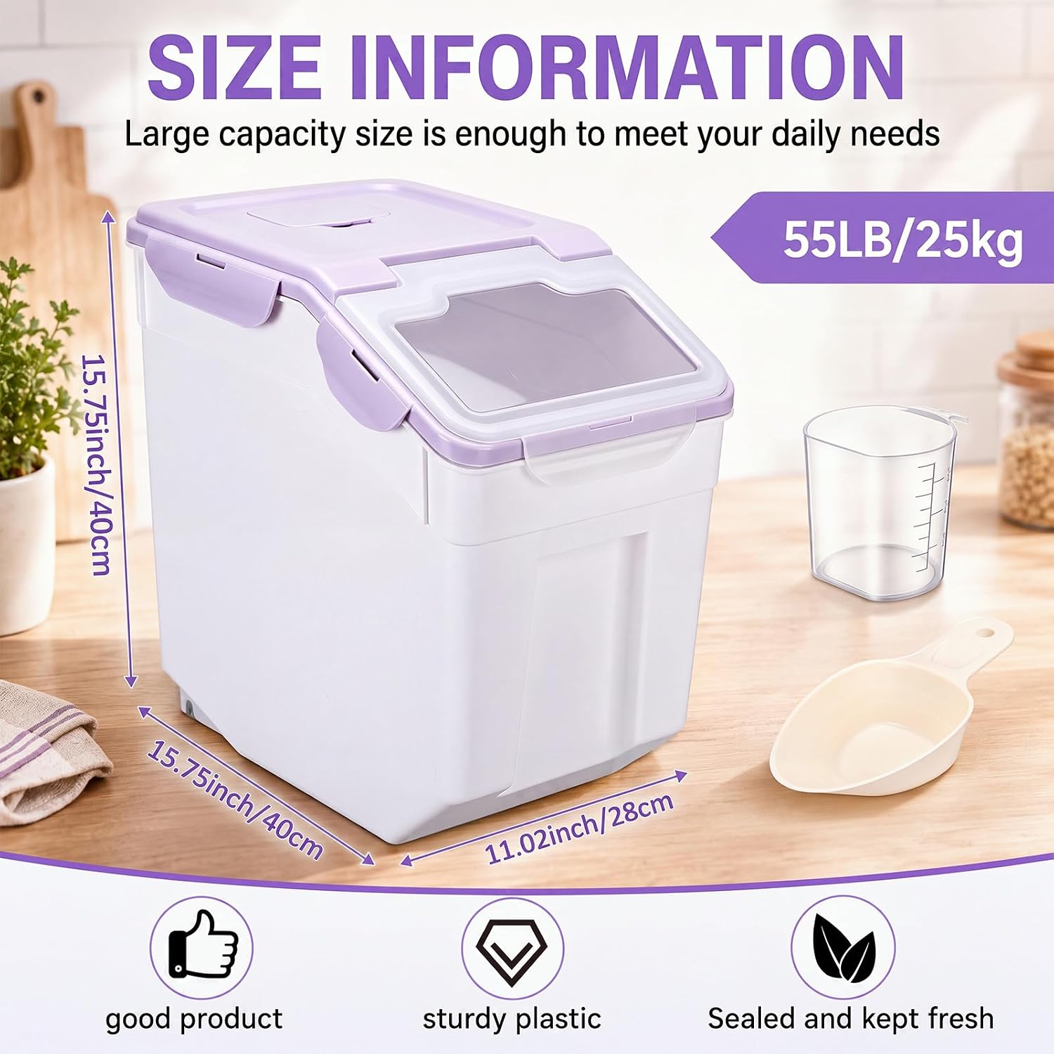 Sunnyray 4 Pcs 55 Lbs Rice Flour Storage Bins with Wheels, Purple