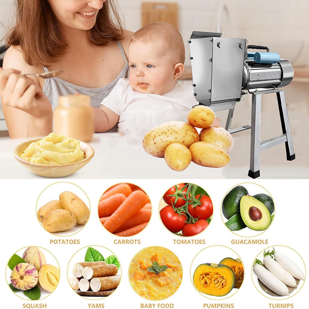Kartoffelpresse aus Edelstahl, 1100 W, robust, für Gemüse und Obst, ideal für die Herstellung von Babynahrung