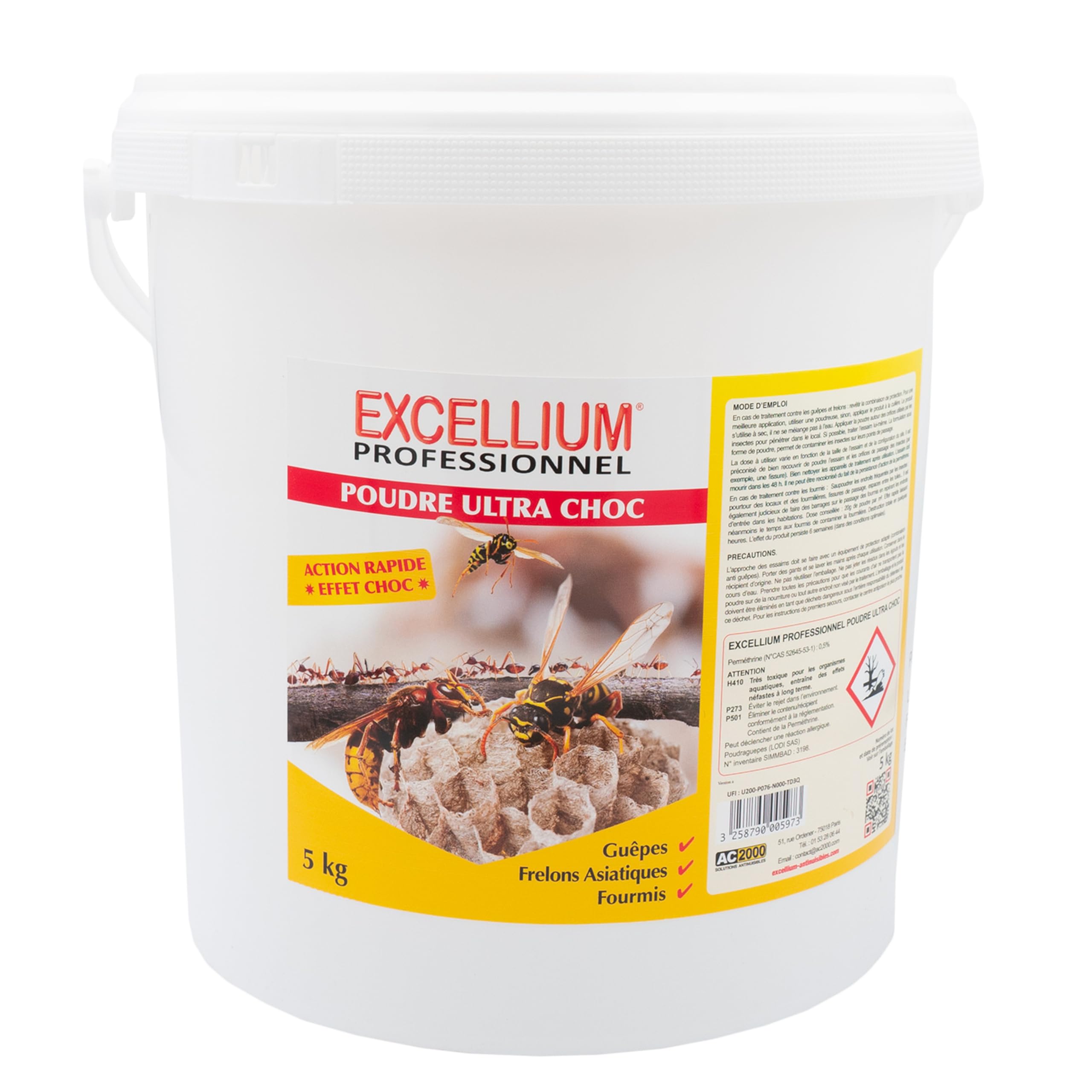 Poudre Insecticide Anti Guêpes Frelons Asiatiques Fourmis Fourmilières EXCELLIUM PROFESSIONNEL - Seau 5 kg - Traitement Nids - Pour Toitures Combles Plinthes - Action Longue Rémanence