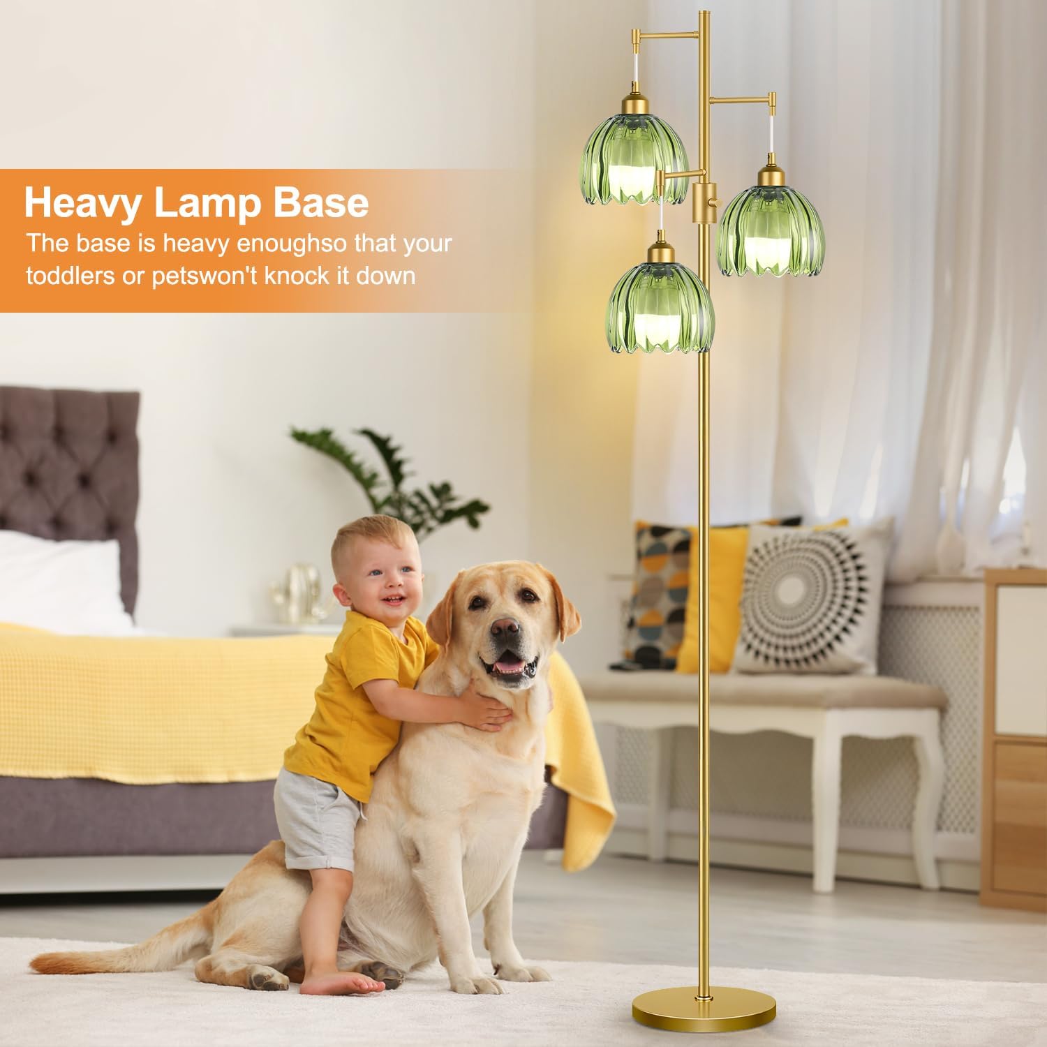 Dimmable Floor Lamps for Living Room-3 Light Gold Floor Lamp with Three Bulbs & Glass Lampshape, Mid Century Modern Standing Lamp Tree Tall Flower Floor Lamp for Bedroom Living Room,Corner
