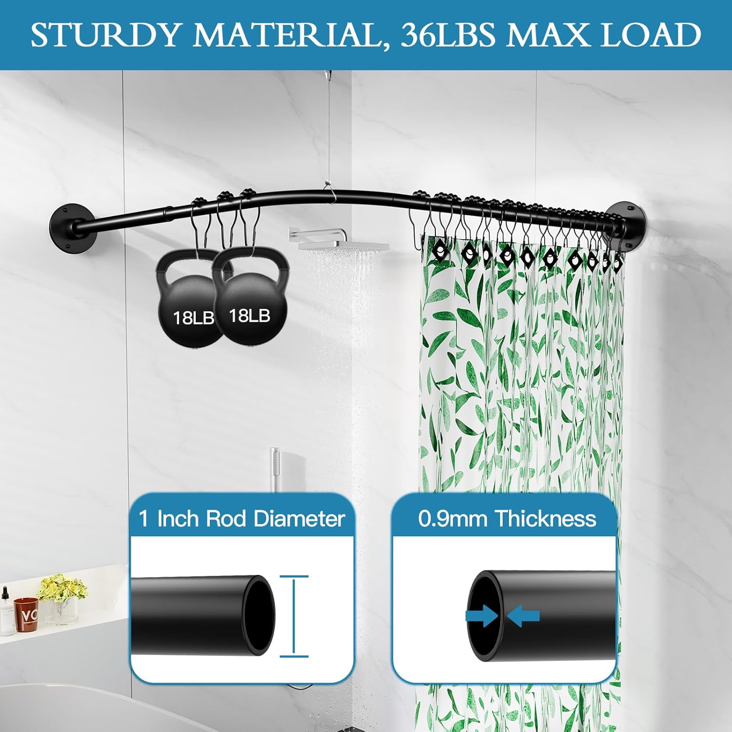 L Shaped Shower Curtain Rod, [39"-53"] x [71"-85"] Adjustable Corner Shower Curtain Rod, No Sagging Black Corner Shower Rod with 12 Ring Hooks & Ceiling Support for Bathroom, Bathtub