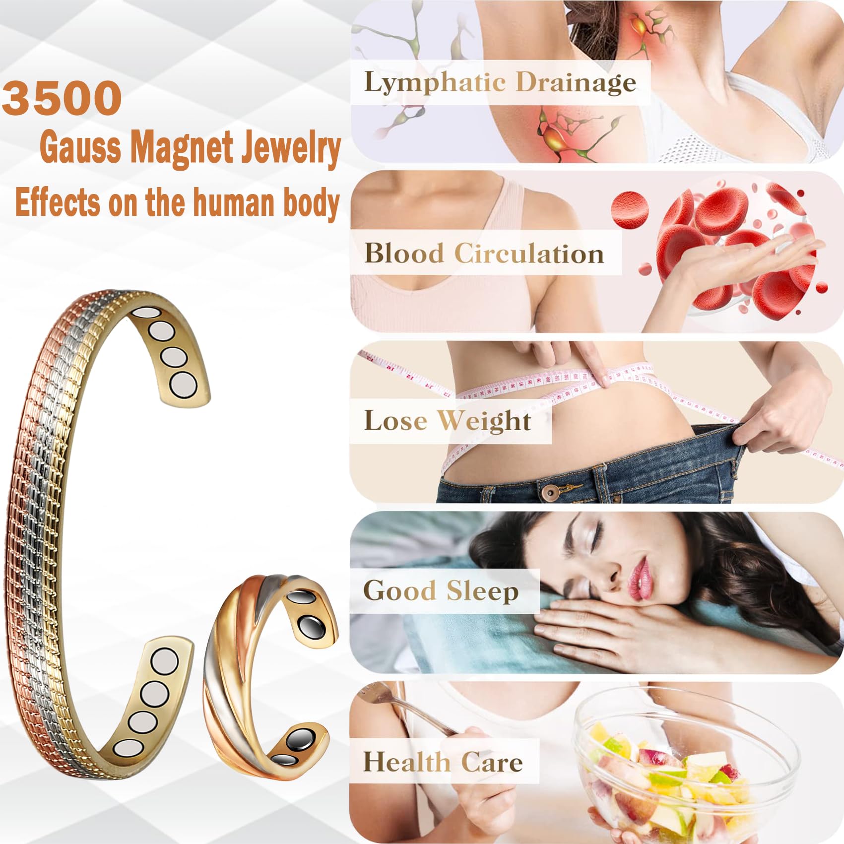 Set Bracciale E Anello In Rame Puro Per Terapia Magnetica – 3500 Gauss – Antinfiammatorio E Drenante Linfatico