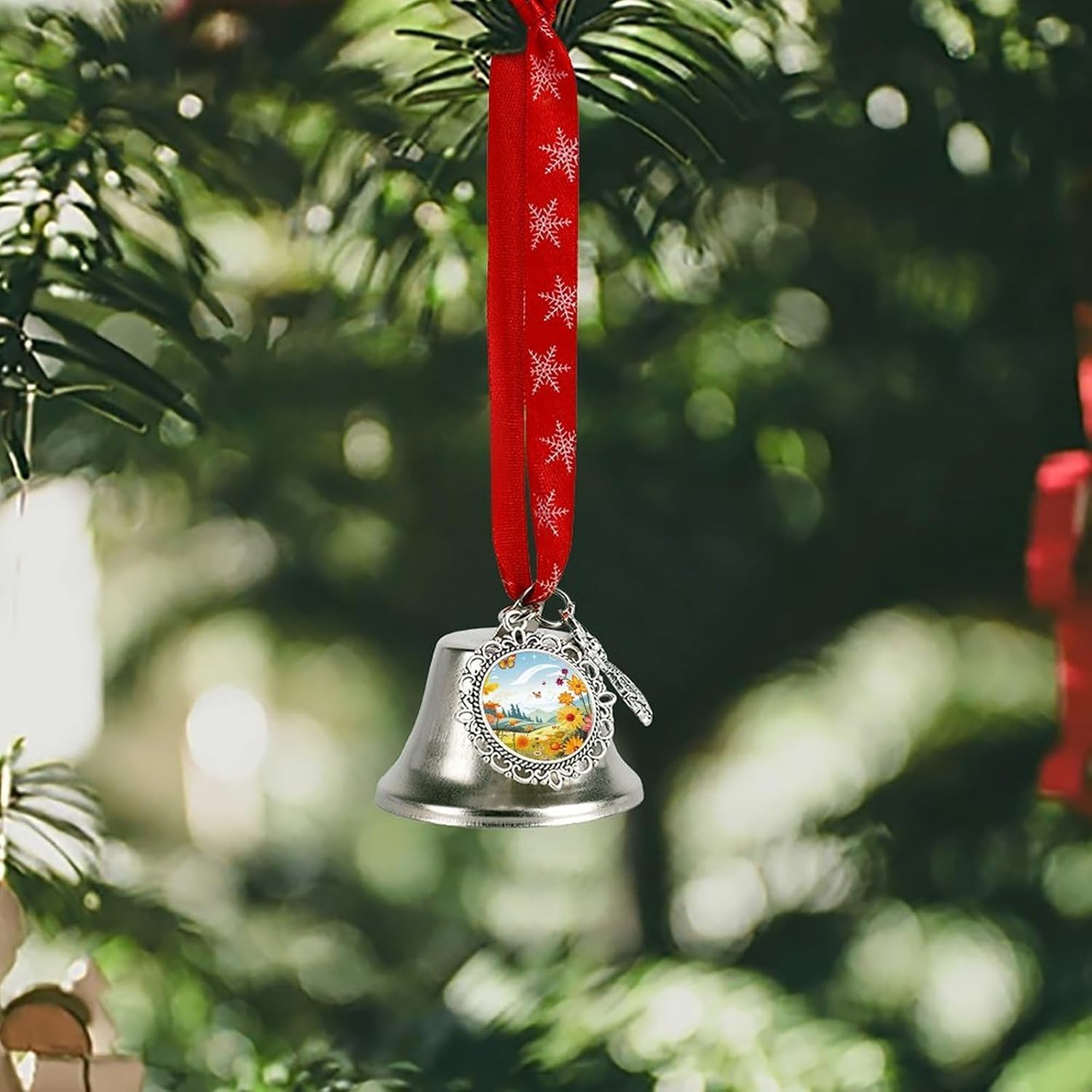 Sun Butterflies Dragonfly Flowers Nursery Christmas Bells Ornaments Tree Jingle Bells Decors Xmas Silver Bell Hanging Decoration Pendants for Weddings Parties Christmas Wreaths