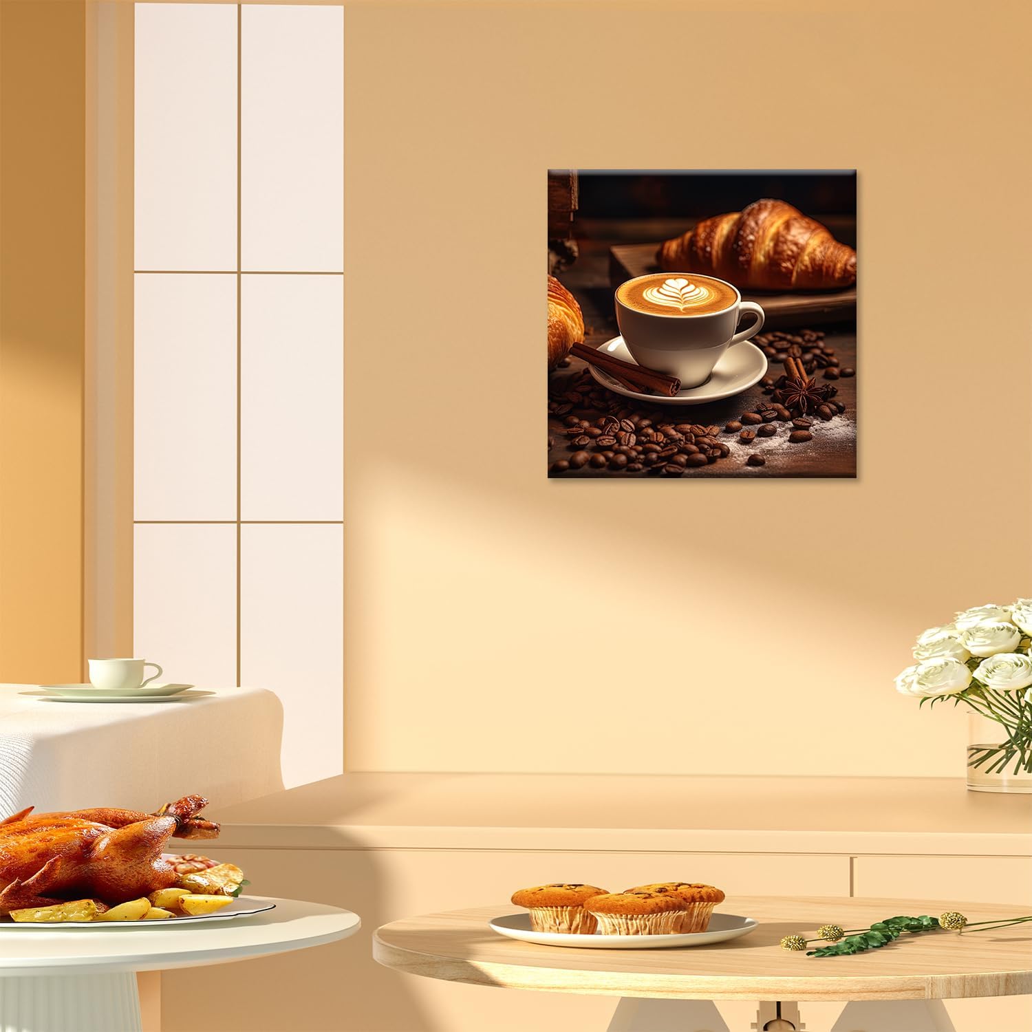 Coffee and Bread Canvas Wall Art, Coffee and Bread with Coffee Beans on the Wooden Table Painting Print Rustic Kitchen Still Life Poster Picture for Coffee Shop Dining Room Decor(Artwork-03, 12"x12") - Image 3