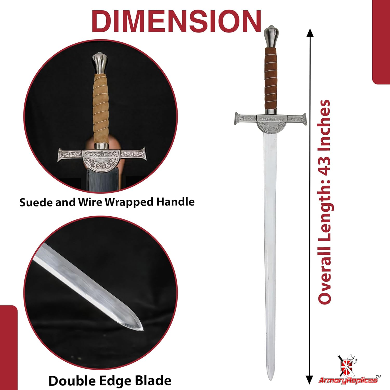 Armory Replicas™ Connor MacLeod Sword Replica from Highlander – Stainless Steel Blade, 31.25” Length, Suede & Wire Wrapped Handle, Intricate Cross Guard with Family Insignia, Leather Sheath Included