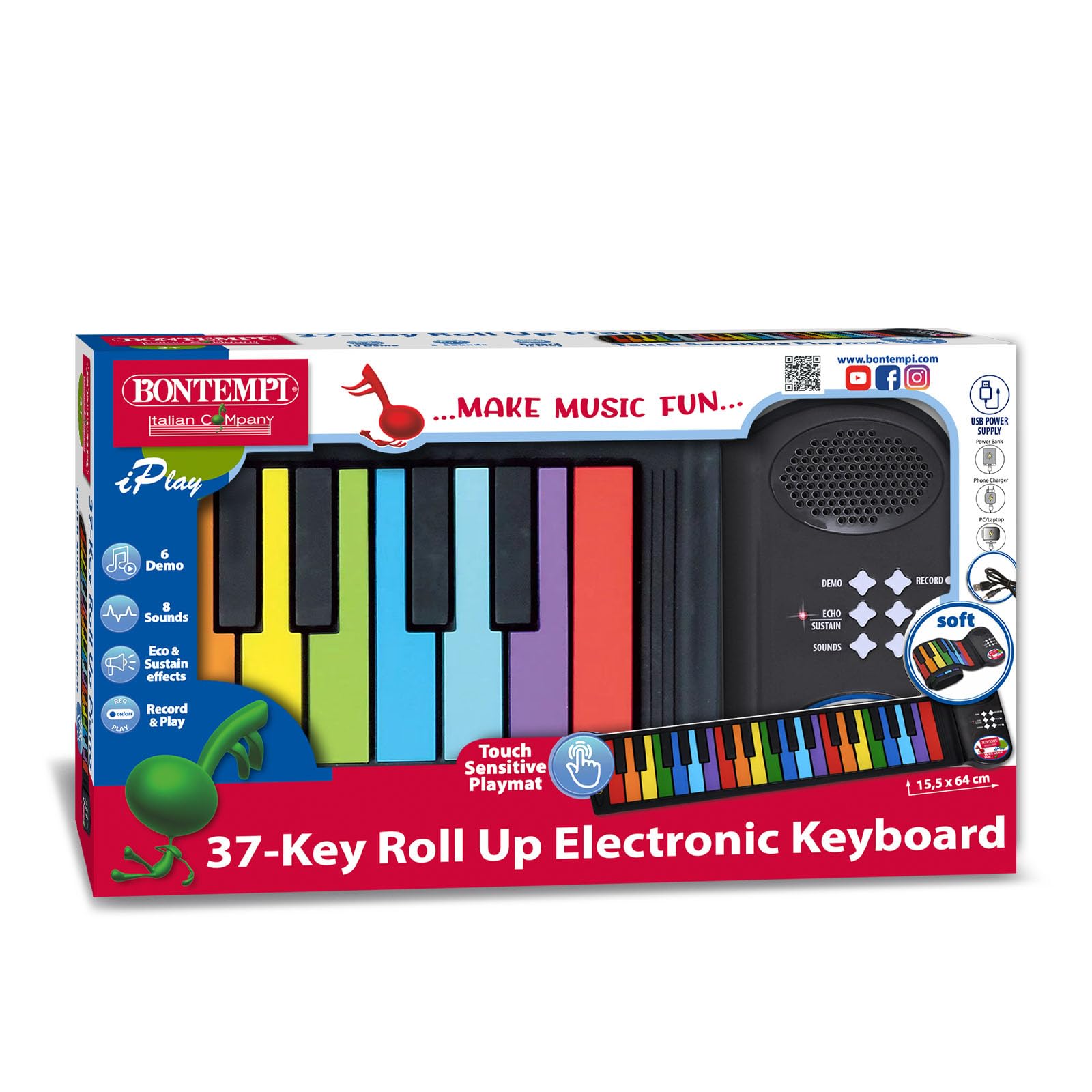 Bontempi | ColorKeys - Piano Roll Up 37 Tasti con Note Colorate per Imparare e Creare Melodie Con Gioia
