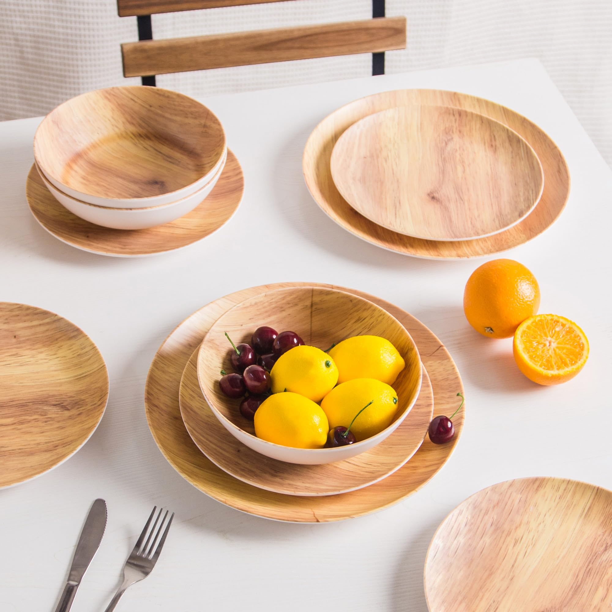 Juego de vajilla de melamina de 18 piezas con aspecto de madera, vajilla de grano de madera, platos de plástico para exteriores, cuencos duraderos para 6 personas