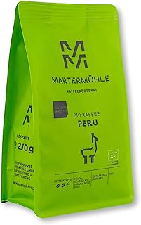 Martermühle Peru Bio Kaffeebohnen 1kg mittelkräftig I Arabica I Aromen: Milchschokolade, Florale Note, Nuss I Ganze Bio Kaffee-Bohnen schonend geröstet, säurearm