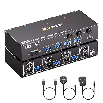 8K@60Hz HDMI Displayport Dual Monitor KVM Switch, ESKEVE 4K@144Hz KVM Switch 2 Monitor 3 computer with 4 USB Devices, Include Power Adapter, Wired Remote and 3 USB Cables