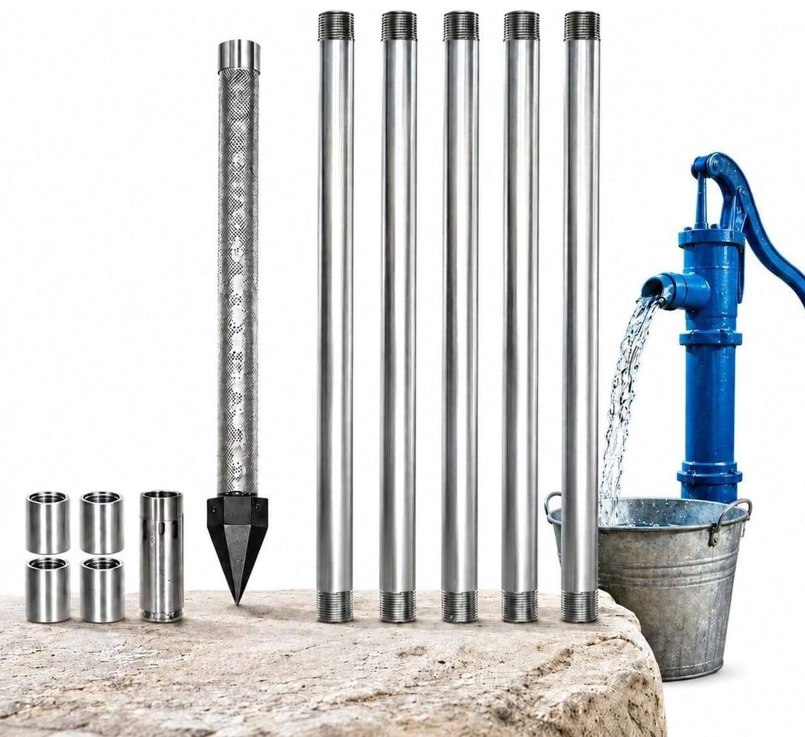 Zestaw do samodzielnego wiercenia studni, sito do studni z igłą piaskową | iglica ze stali nierdzewnej 1-1/4" 36", siatka o oczkach 60, ocynkowana Rury do ogrodu 6MKit