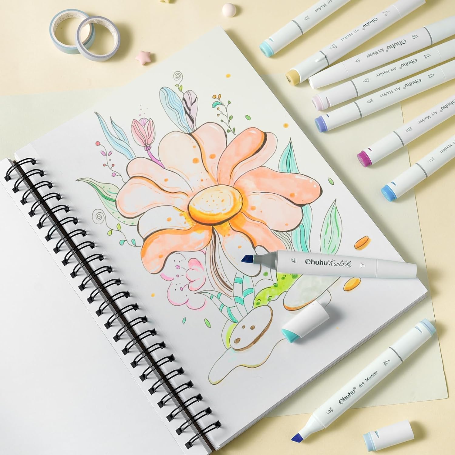 Ohuhu Szkicownik mieszanych mediów A4, 200 g/m², 124 strony (62 arkusze), papier bezkwasowy, spiralny, do mokrych i suchych mediów, idealny do akwareli, akrylu, ołówków i pasteli