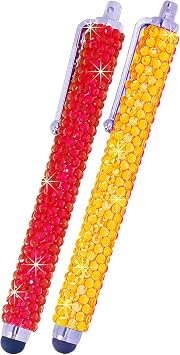 Eco-Fused Universal Bling Stylus Pens - 2 Long Gem Covered Stylus Pens Compatible with All Capacitive Touchscreen Devices/Microfiber Cleaning Cloth Red+Yellow
