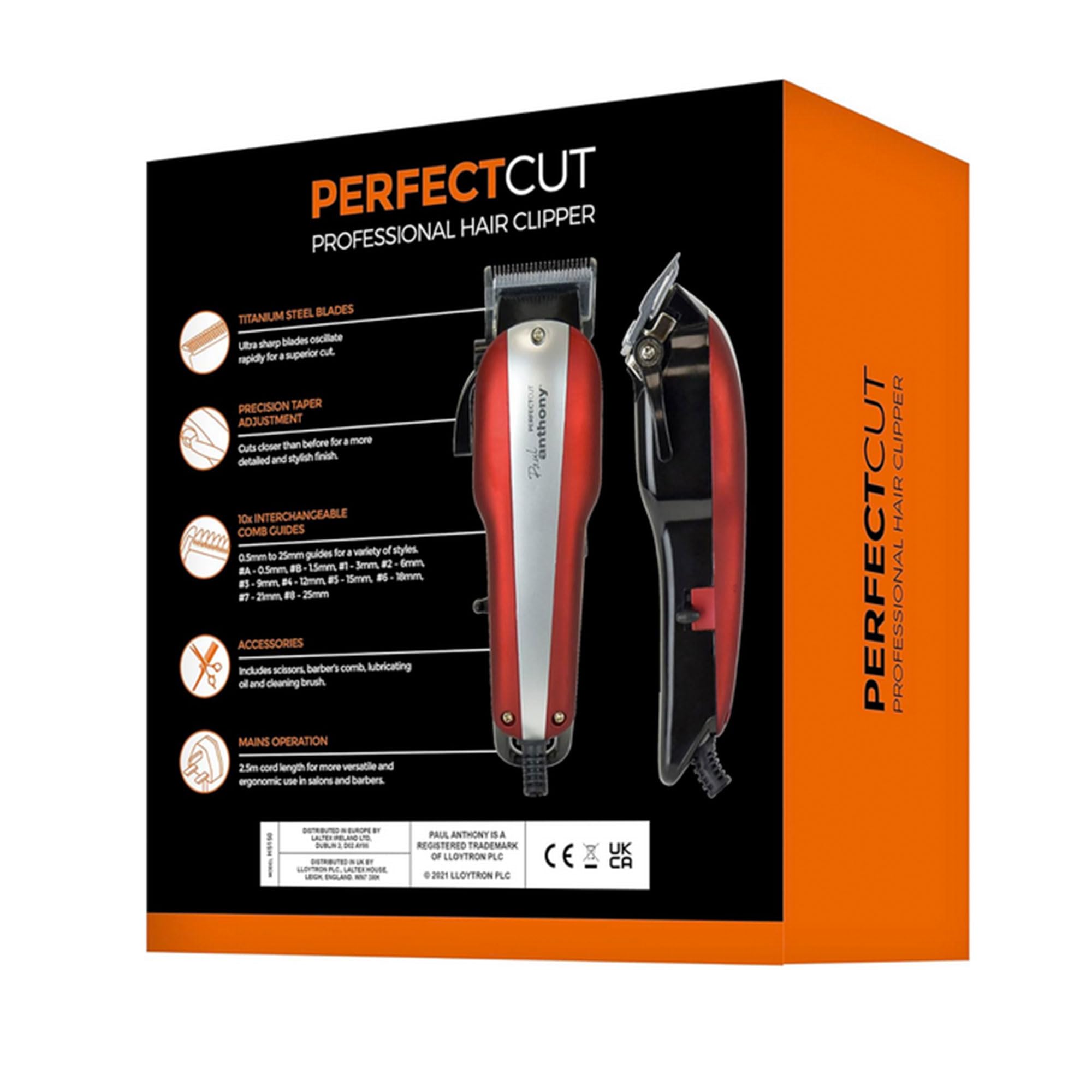 Cortapelos profesional con funda de transporte y accesorios, cable de 2,5 m de longitud de salón, 10 peines diferentes de 0,5 mm a 25 mm, rojo/plateado, cuchillas de acero de calidad de salón, tijeras