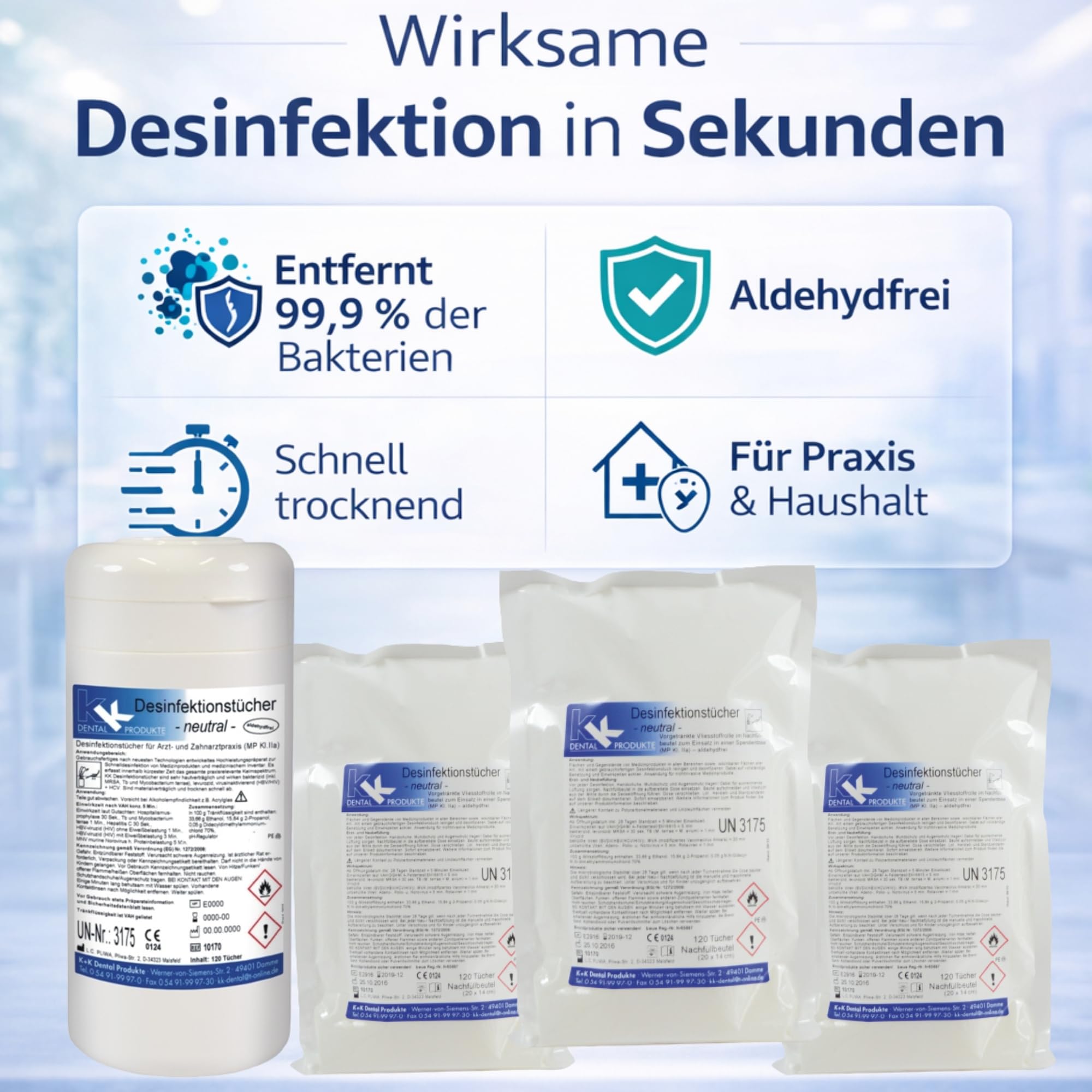 KK Desinfektionstücher Set, praktische Spenderdose mit 120 Desinfektionstüchern und 3 Nachfüllbeutel mit 120 gebrauchsfertigen Tüchern, Duftsorte: Neutral, Flächendesinfektionsmittel