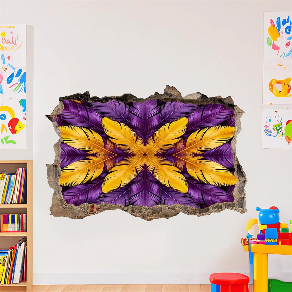 Decorazione da parete 3D, Piuma Stanza dell'autoadesivo della parete smontabile Giallo Viola per bambini Nursery Decorazioni