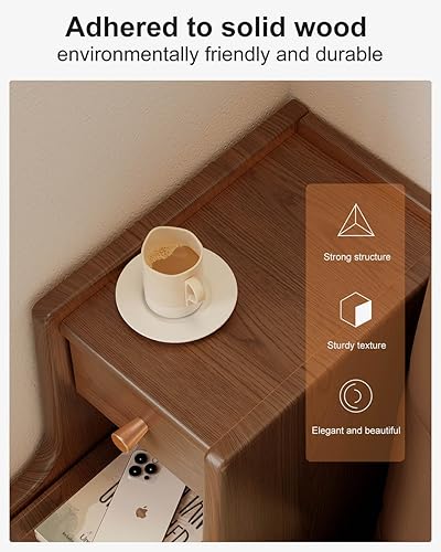 Miniatura 4 de Mesita de noche estrecha con 3 cajones, mesa de noche de madera maciza de nogal, moderna mesita de noche delgada para dormitorio (montaje completo)
