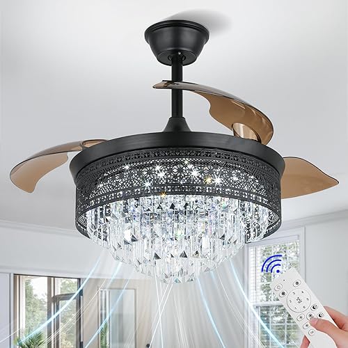 Jenvkoil Ventilador de araña de cristal de 42 pulgadas, lámpara regulable, moderna, color negro, con luces y control remoto para dormitorio, Jenvkoil Ventilador de araña de cristal de 42 pulgadas, lámpara regulable, moderna, color negro, con luces y control remoto para dormitorio,