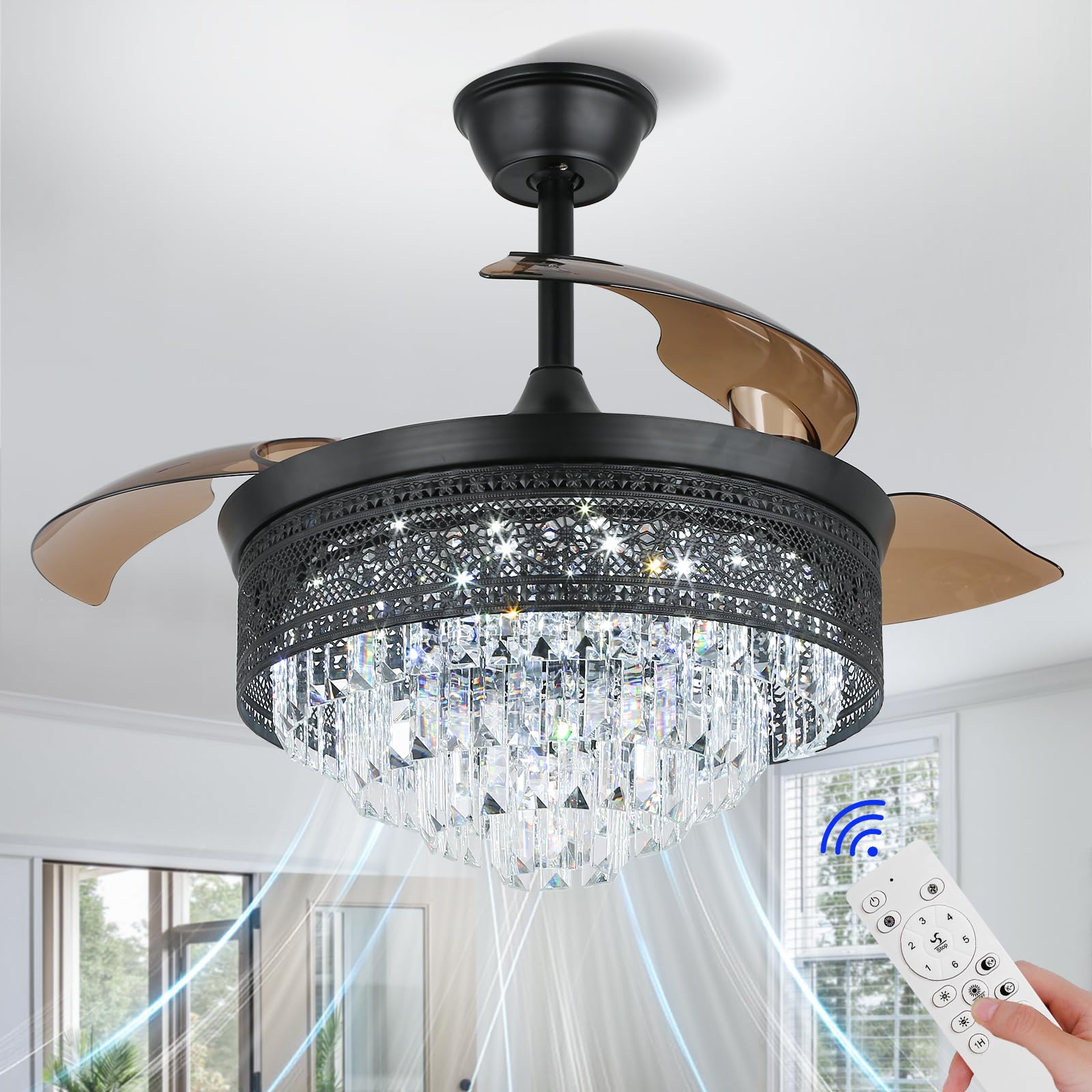42" black crystal chandelier ceiling fan with lights dimmable fandeliers 4 retractable abs blades for bedroom living dining room, 6 speed, timer function