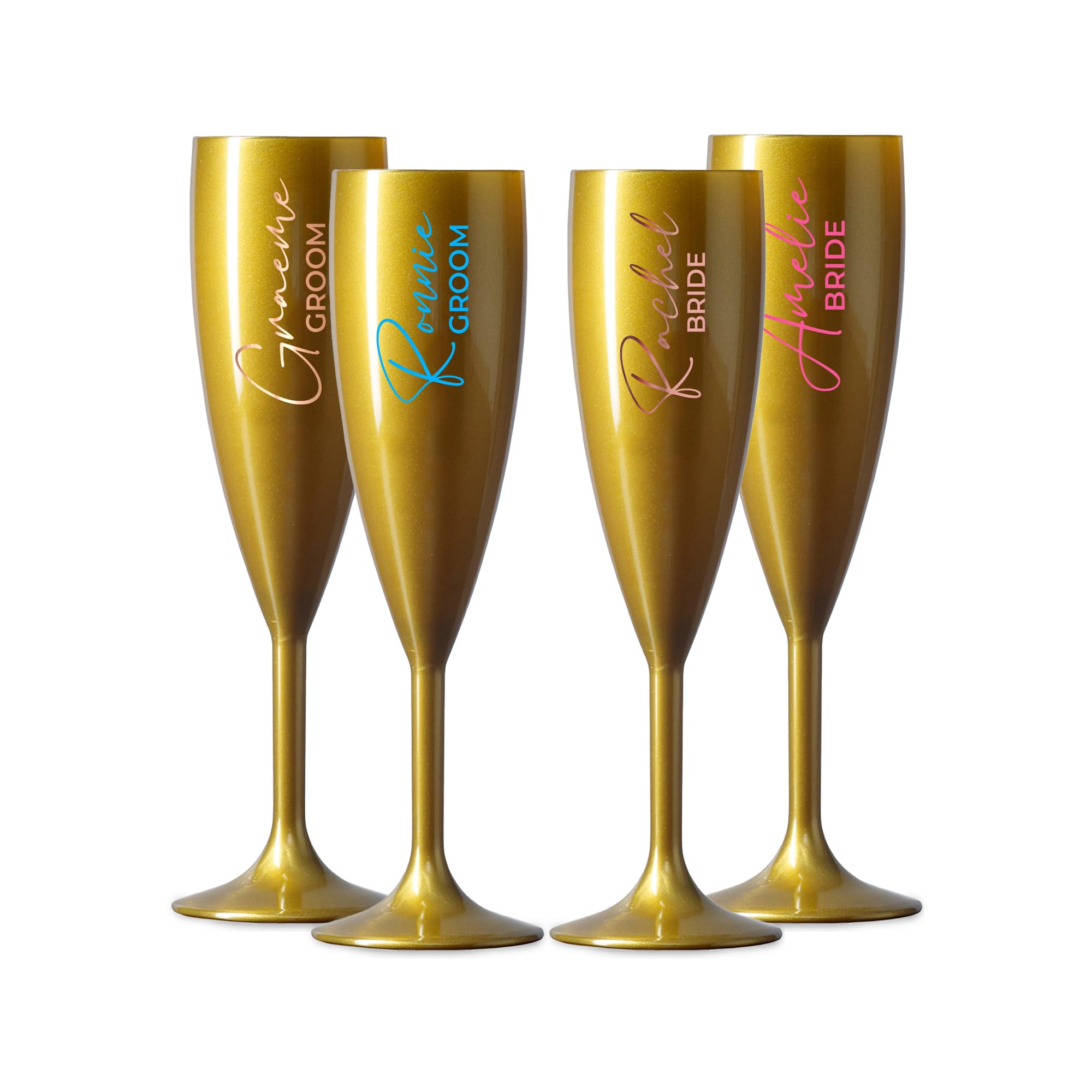 Personalised Champagne Premium Flute Glass Bride Groom Mr Mrs Wedding Maid Honour Gold Any Name Wine Cocktail Prosecco Gift (Gold, Bride + Groom Set)