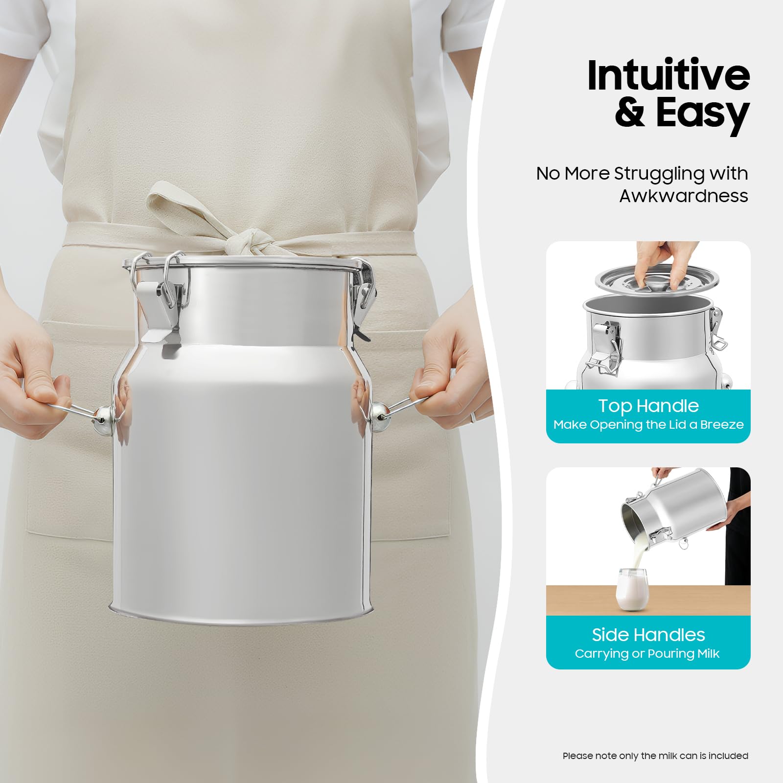 Bricco per latte da 5 l, senza rubinetto, chiusura ermetica, con coperchio ribaltabile, doppio manico, contenitore in metallo per alimenti, latte, olio, cereali, stoccaggio, trasporto, casa