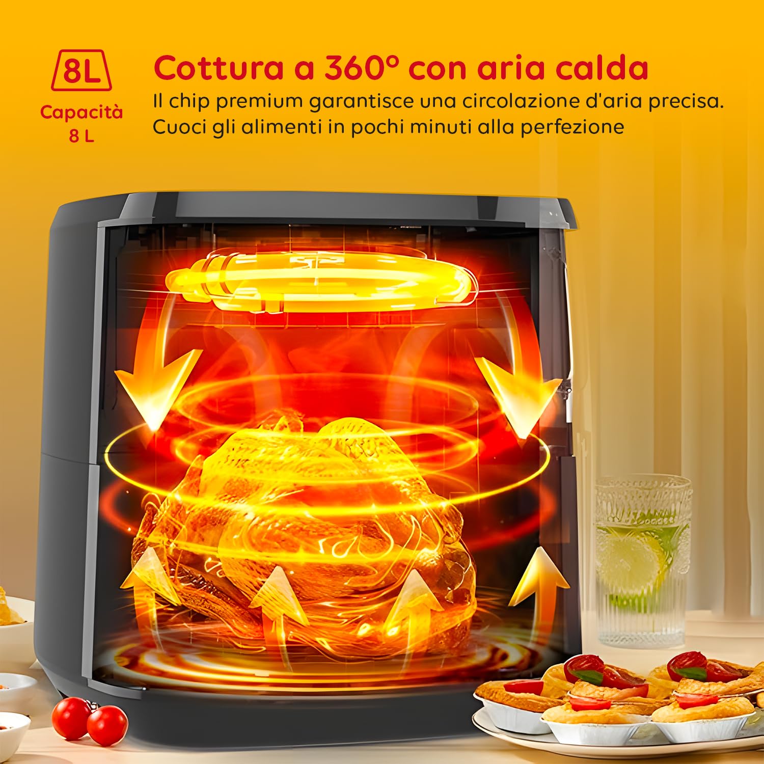 Avilia Friggitrice ad Aria Digitale 8L, 1500W, Pannello di Controllo Digitale, Timer e Temperatura Regolabili, Cestello e Griglia Lavabili in Lavastoviglie, 8 Funzioni e Ricettario e Pinza Incluso