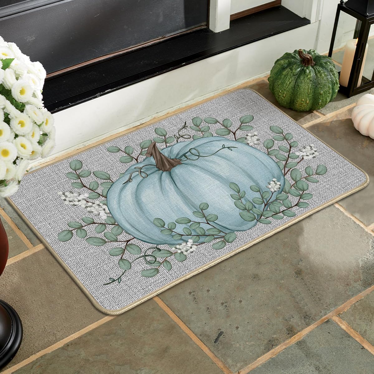 Artoid Mode Blue Eucalyptus Leaves Hello Pumpkin Fall Towels Dish Towels 18 x26 Inch 4 pcs and Doormat 17x29 Inch image 5