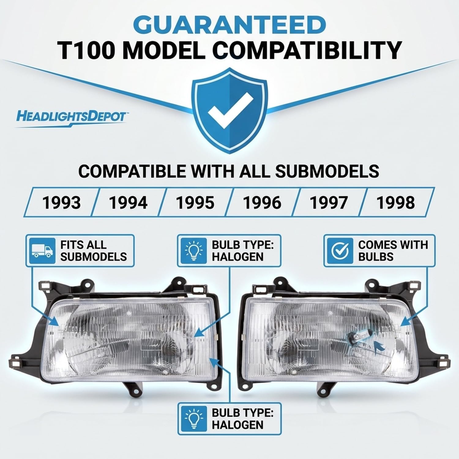 HEADLIGHTSDEPOT Chrome Housing Halogen Headlights Compatible With Toyota T100 1993-1998 Includes Left Driver and Right Passenger Side Headlamps