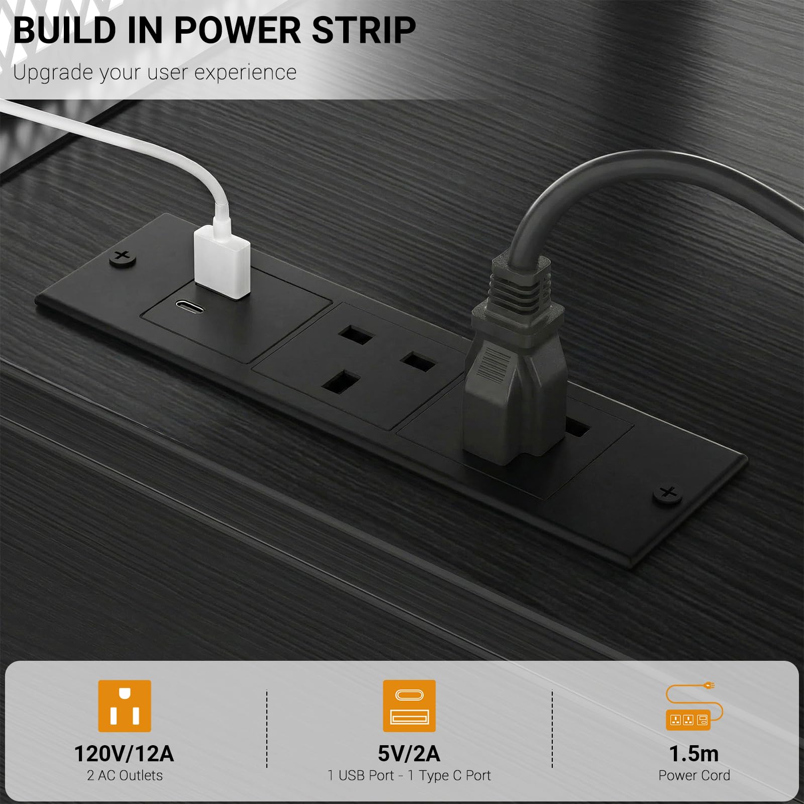iSunirm Scrivania per computer con strisce elettriche, scrivania da gioco con luci LED, scrivania da lavoro per casa e ufficio con ripiano per monitor, nera