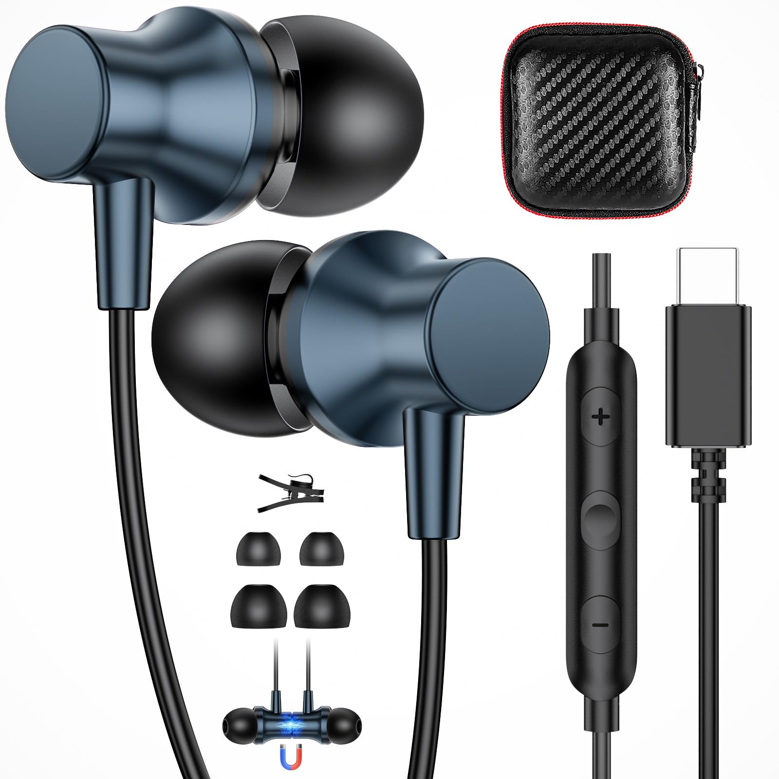 APETOO USB C Wired Earbuds for iPhone 17 16 15 Pro, Magnetic Type C Headphones with Mic Volume Control for Samsung S26 S25 S23 S22, Stereo Noise Canceling In-Ear Ear Buds for iPad 10 Pixel 9 8 7, Navy-image-7